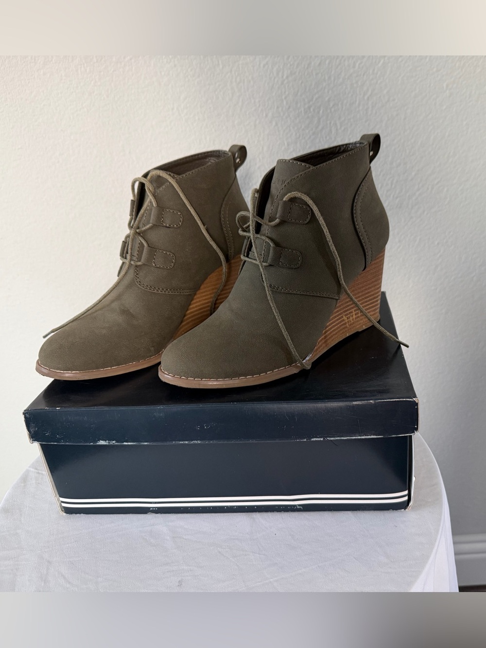 Nautica Olive Lace-Up Wedge Ankle Boots